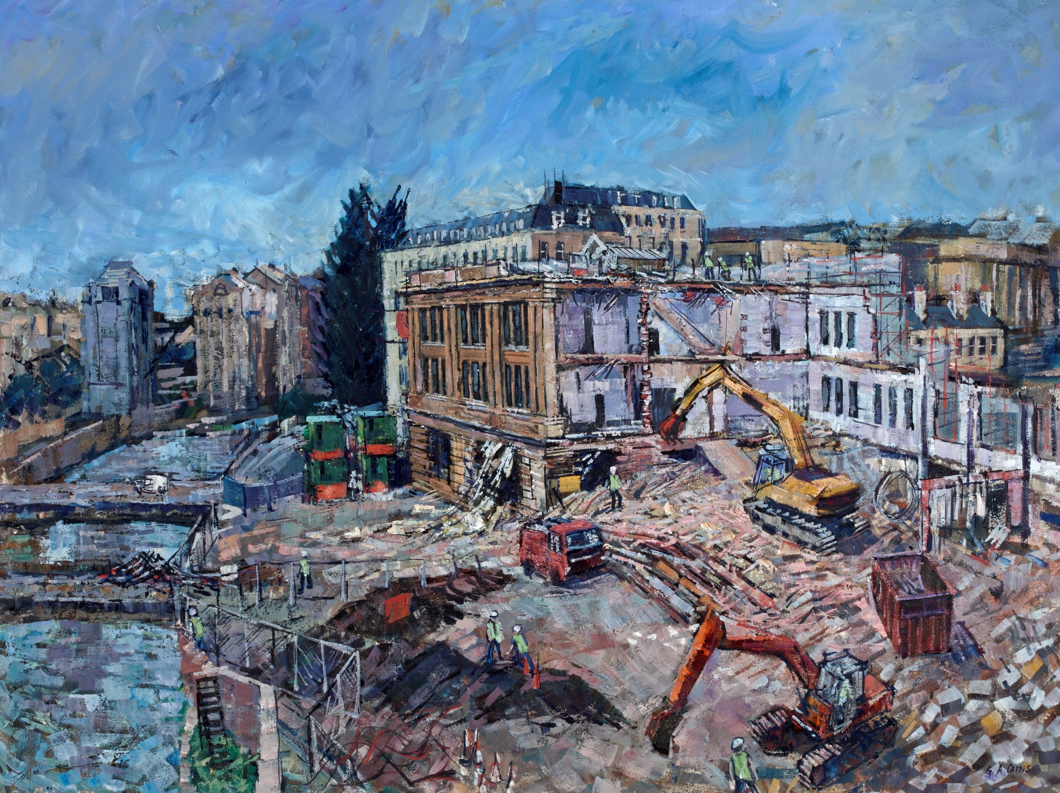 Demolition of Churchill House. Oil  on canvas. Gerald Cain. 2007